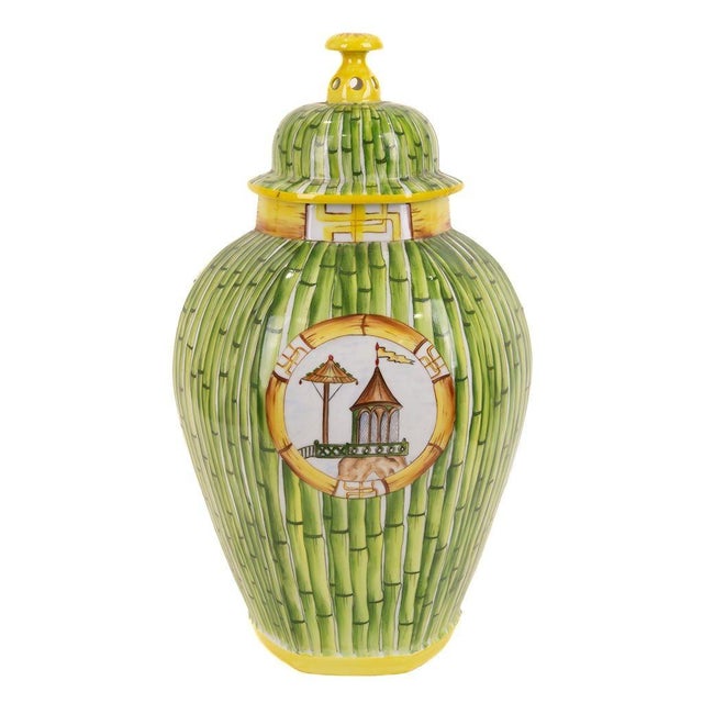 Pair of Limoges porcelain ginger jars attributed to ceramist Giovanna Manzari. Painted bamboo design with Pagoda scene.