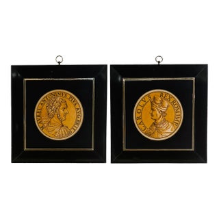 Mid 20th Century Framed Chiaroscuro Print Portrait Medallions of Roman Emperors After Hubert Goltzius - A Pair For Sale