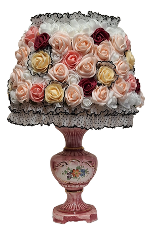 Vintage Italian Table Lamp with Pink Decorated Ceramic Base and Floral Shade from Lamplove, 1980s