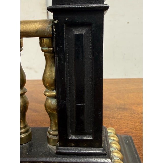 Metal Antique Heavy Casted Iron + Brass Fire Dogs, Pair For Sale - Image 7 of 12