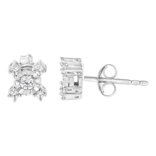 .925 Sterling Silver 1/4 Cttw Miracle Plate Set Round and Princess-Cut Diamond "X" Shaped Stud Earrings (I-J Color, I2-I3 Clarity) For Sale