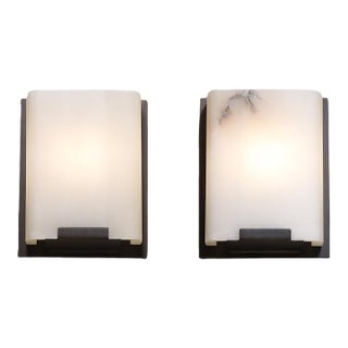 Late 20th Century Modernist Alabaster & Oil-Rubbed Bronze Wall Sconces - Pair For Sale