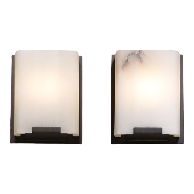 Pair of Modernist Alabaster & Oil-Rubbed Bronze Wall Sconces For Sale