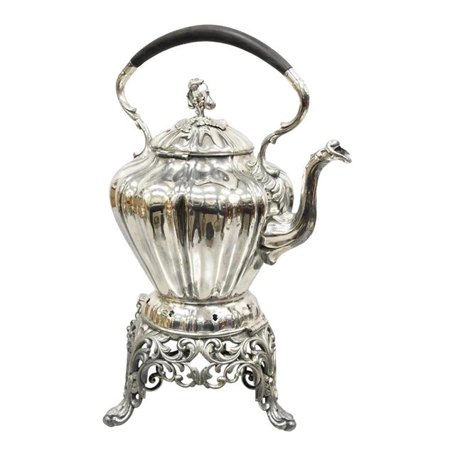 Antique Reed & Barton Silver Plated Victorian Tilting Tea Coffee Pot on Stand For Sale