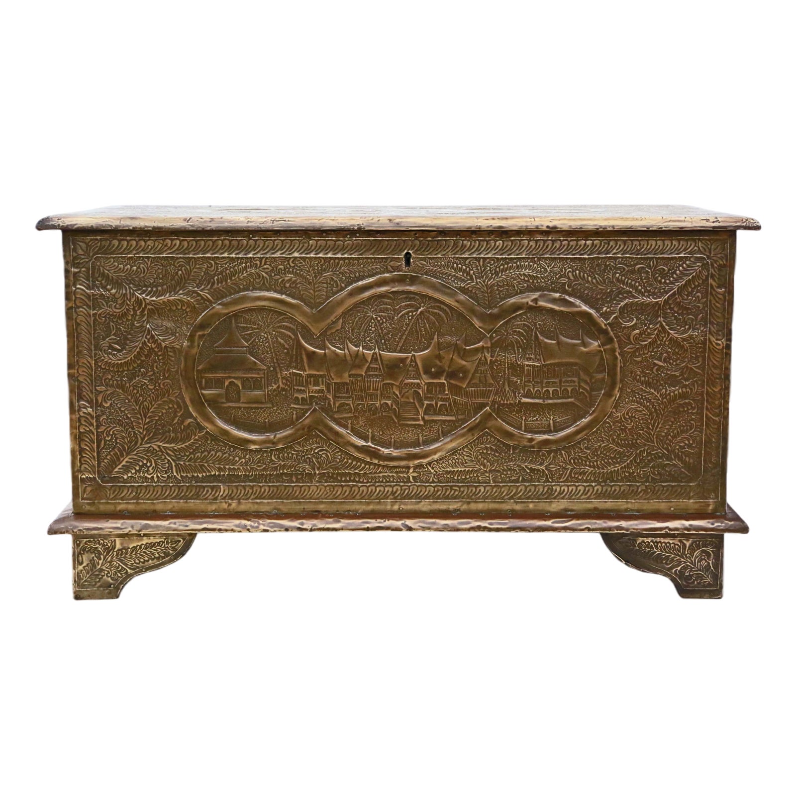Antique Chinese Brass Covered Camphor Wood Chest Coffer | Chairish