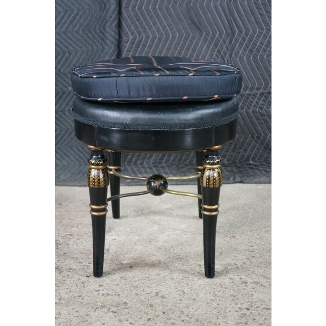 Wood Mid Century Regency Style Ebonized Gold Painted Upholstered Stool Pouf Bench For Sale - Image 7 of 18