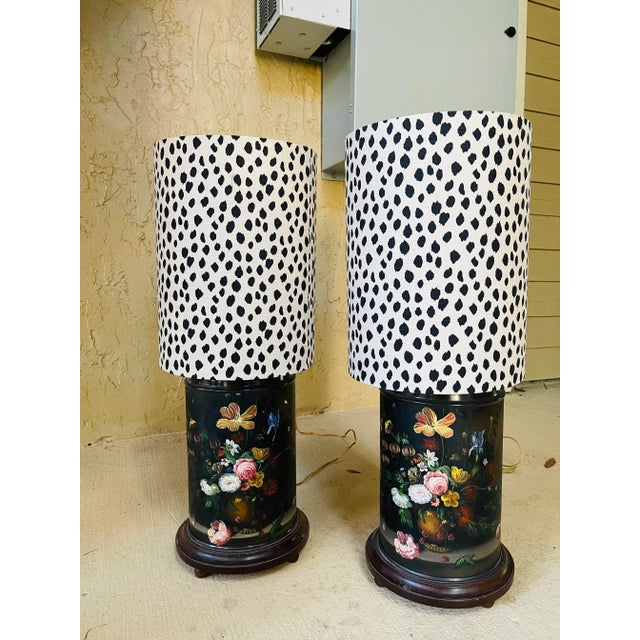 Hand-Painted Vintage Tea Canister Lamps With Custom Shades - a Pair For Sale - Image 9 of 9