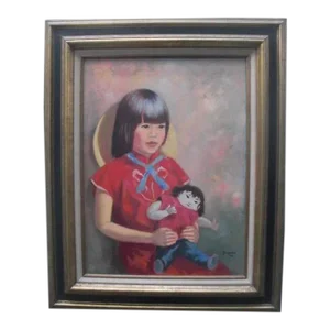 1970s Portrait Painting of Young Asian Girl Holding Doll