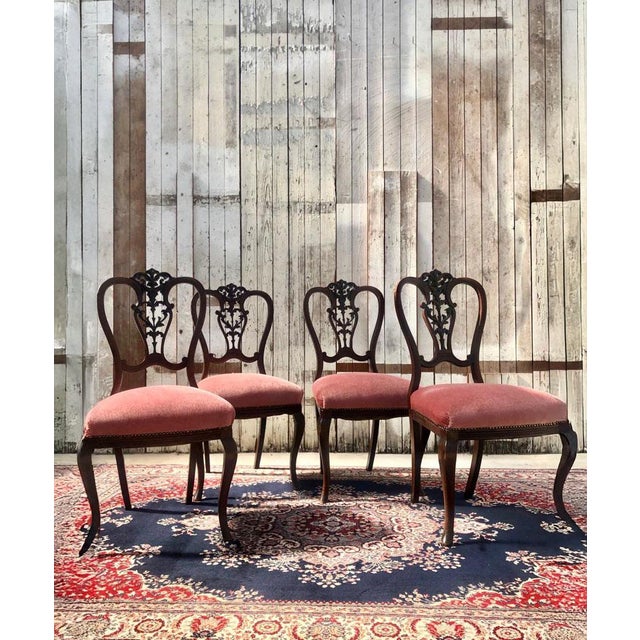 Set of 4 Chippendale Style Dining Chairs with Original Pink Velvet Upholstery, 1950s For Sale - Image 3 of 3