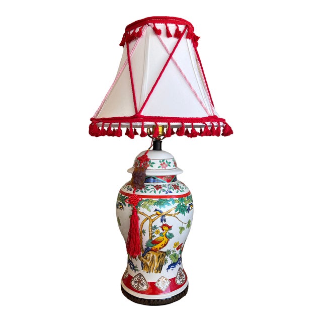 Mid 20th Century Chinoiserie Chic Style Peacock Multicolor Jar Table Lamp With Custom Made Shade For Sale