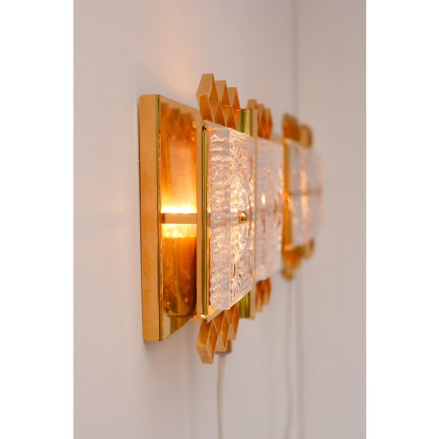 Goldenrod Wall-Mounted Sconces in Glass and Brass Lamps by Carl Fagerlund for Orrefors, Sweden, 1970s, Set of 2 For Sale - Image 8 of 14