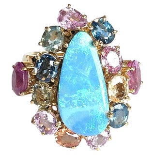 Bochic “Orient” Multi Color Fancy Sapphires & Opal Ring Set 18K Gold & Silver, Size 8 For Sale