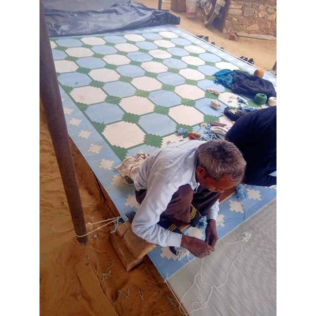 Textile Handmade Cotton Area Rug, Vegetable Dyed Sky Blue, Cream and Green Swedish Tile Dhurrie-4'x6' For Sale - Image 7 of 13