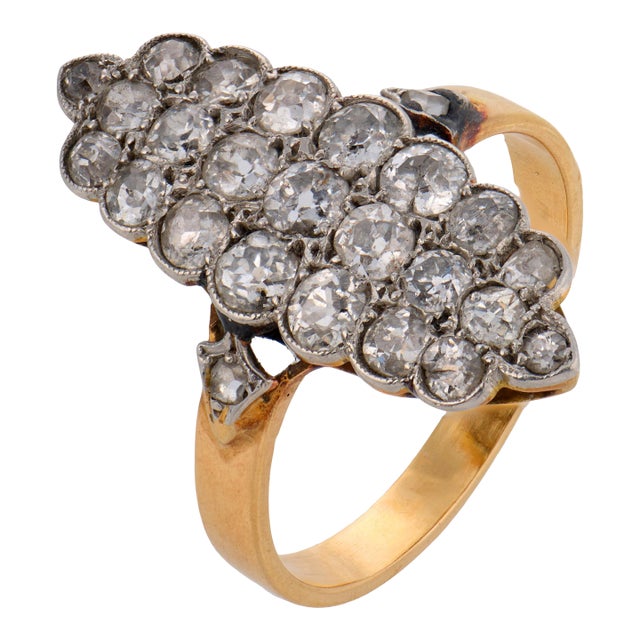 1910s French Belle Époque 1.60 Carat Diamond 18k Yellow Gold Platinum Navette Ring, Size 6.75 For Sale