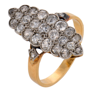 1910s French Belle Époque 1.60 Carat Diamond 18k Yellow Gold Platinum Navette Ring, Size 6.75