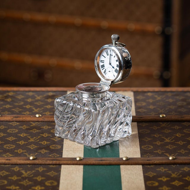 Antique 20th century scottish solid silver desk clock and inkwell by hamilton & inches. The inkwell is formed with a...