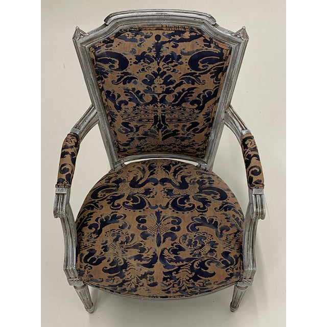 Painted French Armchairs With Fortuny Upholstery For Sale - Image 9 of 10