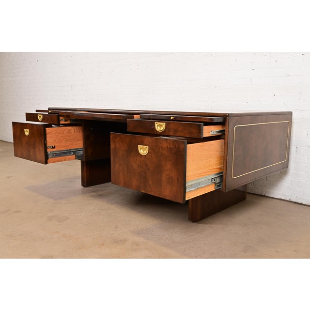 Romweber Mid-Century Modern Hollywood Regency Burl Wood and Brass Executive Desk, Circa 1970s For Sale In South Bend - Image 6 of 12