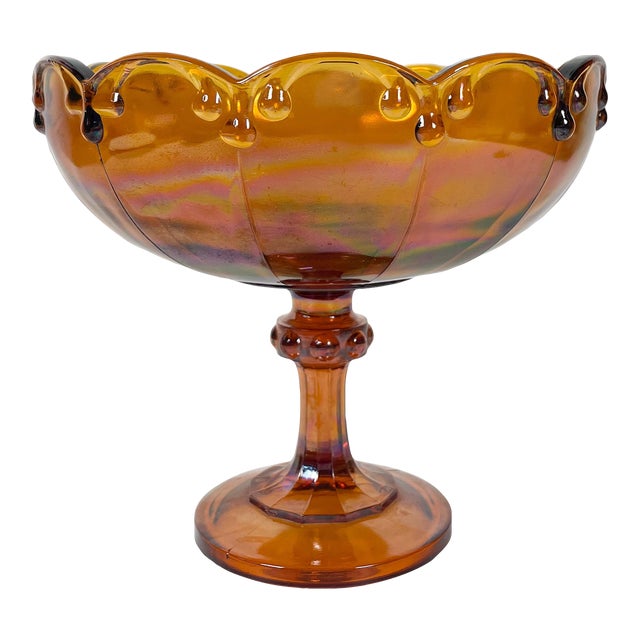 Vintage Scalloped Amber Carnival Glass Pedestal Bowl For Sale