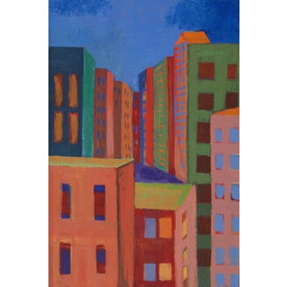 Cityscape With Green, Blue, Orange Contemporary Abstract Oil Painting For Sale