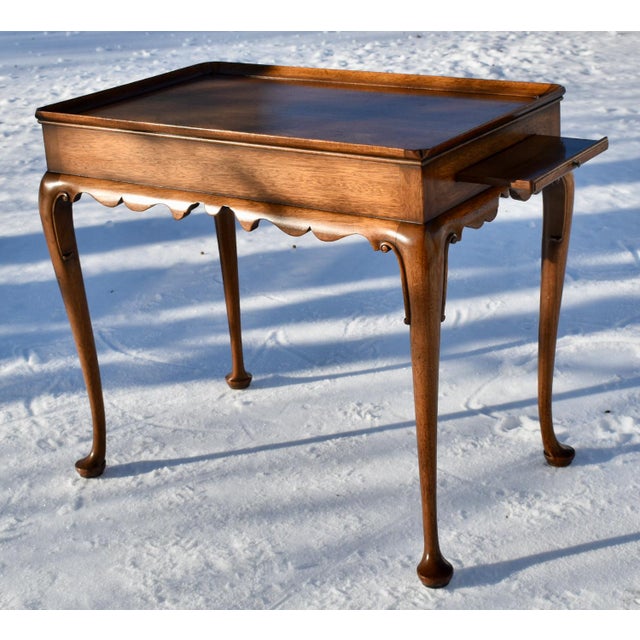 Kittinger Co Mahogany Tea Table Vintage Queen Anne Scalloped Apron Candle Slides For Sale - Image 9 of 9