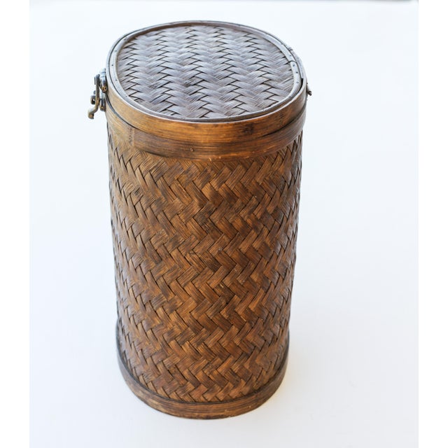 Tropical Tiki Style Oval Dark Brown Wicker Knitting Sewing Basket With Hinged Lid For Sale - Image 4 of 13