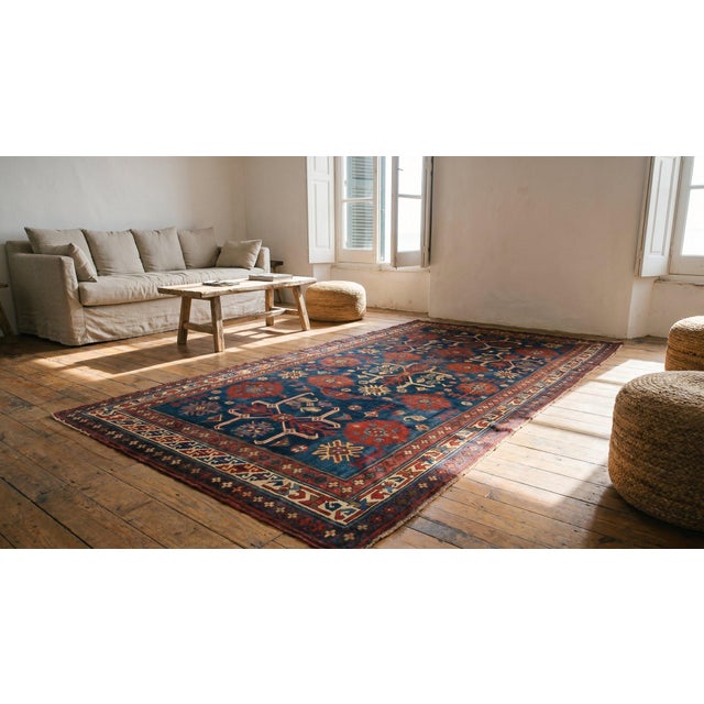 Late 19th Century 1880s Blue Geometric Tribal Antique Caucasian-Zeychor Rug 5'10" X 12'0" Handknotted Wool Carpet For Sale - Image 5 of 7