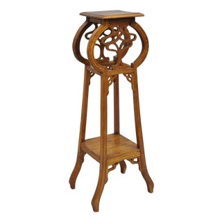 Vintage French Art Nouveau Style Carved Teak Pedestal Plant Stand Side Table For Sale