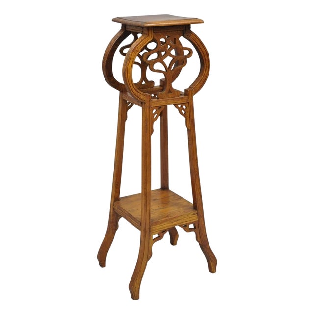 Vintage French Art Nouveau Style Carved Teak Pedestal Plant Stand Side Table For Sale