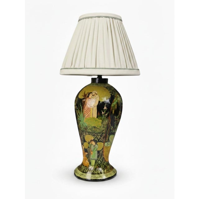 Indian Kashmiri Papier-Mâché Table Lamp with Hand-Decorated Romantic Scenes, 1930 For Sale - Image 13 of 13