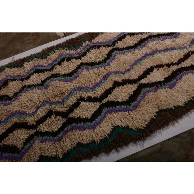 1950s Vintage Moroccan Tribal Geometric Beige Brown and Blue Wool High Pile Rug For Sale - Image 5 of 7