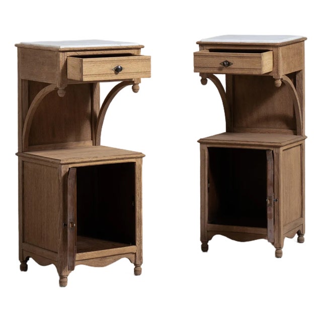 Pair of Eclectic Oak Side Tables with Marble Tops, Antique, France, Circa 1900 For Sale