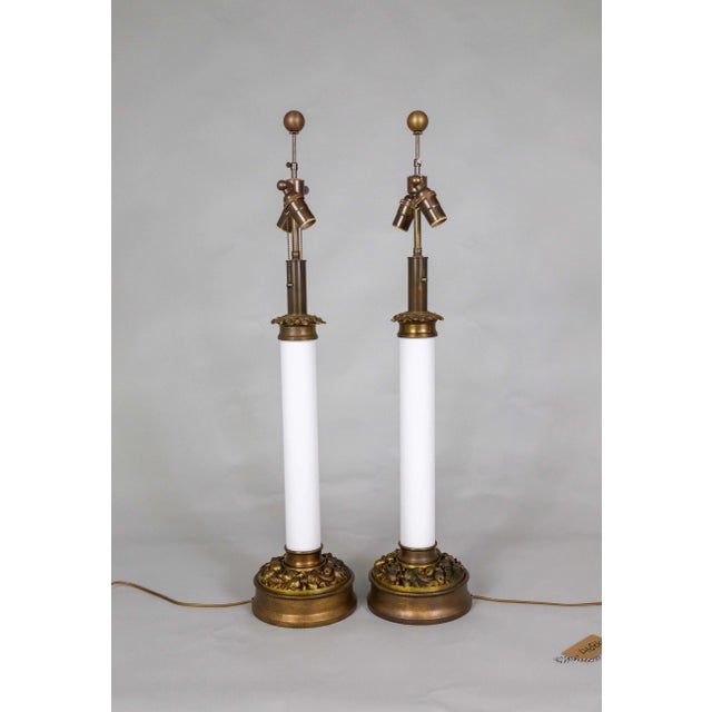 Metal 1940s Large Custom Milk Glass Table Lamps With Brass Foliate Bases by Paul Hanson Co. For Sale - Image 7 of 9