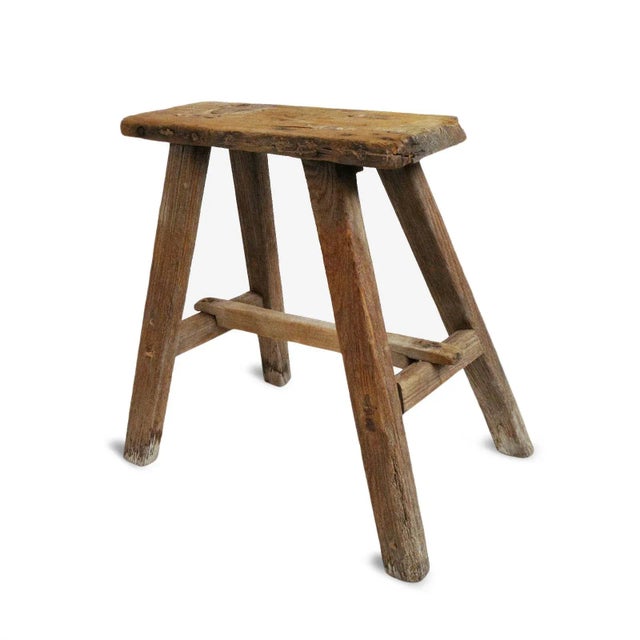 Vintage Elm Work Rustic Farm Stool For Sale - Image 4 of 11