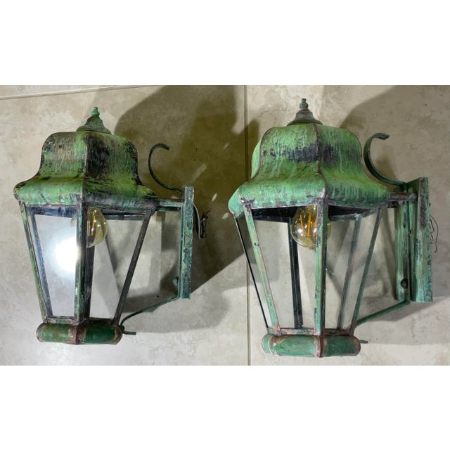 1970s Pair of Vintage Wall Hanging Brass Lantern For Sale - Image 5 of 12