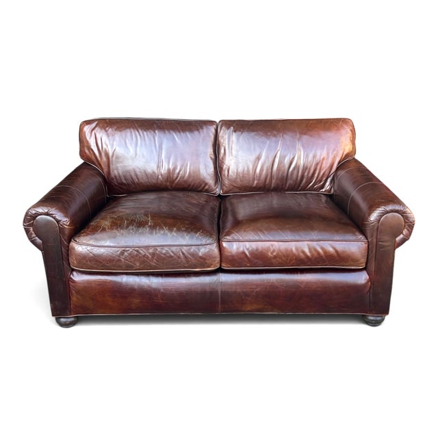 Restoration Hardware Restoration Hardware Brown Leather Two-Cushion Sofa With Rolled Arms and Bun Feet For Sale - Image 4 of 14