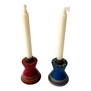Pair of Hand-Painted Wooden Italian Folk Art Candlesticks