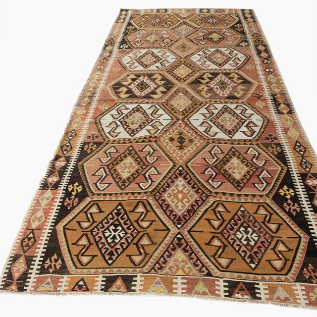 Textile Vintage Circa 1940 Soft Terracotta Turkish Kars Kilim Rug Runner 4ft 1in X 11ft 8in For Sale - Image 7 of 11