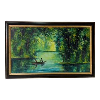 Vintage Antzinga Impressionist Two Man Canoeing River Scene Oil on Canvas – Framed For Sale