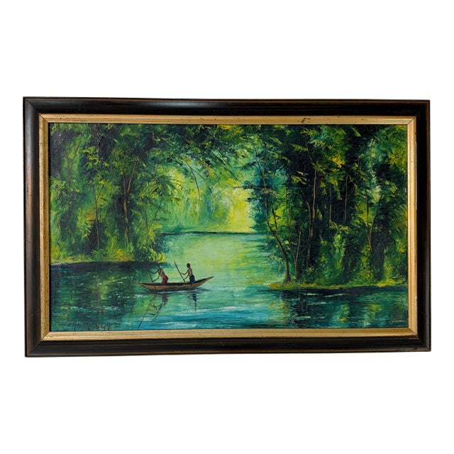 Vintage Antzinga Impressionist Two Man Canoeing River Scene Oil on Canvas – Framed For Sale