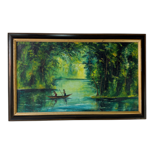 Vintage Antzinga Impressionist Two Man Canoeing River Scene Oil on Canvas – Framed