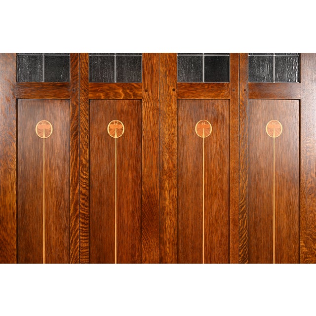 Stickley Harvey Ellis Collection Mission Arts & Crafts Inlaid Oak and Leaded Glass Armoire or Media Cabinet For Sale - Image 9 of 17