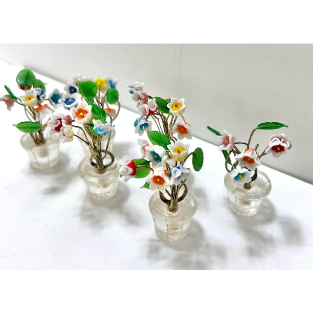 Figurative 1950s Czech Art Glass Flower Place Card Holders – Miniature Potted Bouquets – Set of 6 For Sale - Image 3 of 12