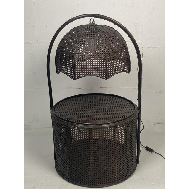 Unusual faux bamboo rattan webbing side table with integrated hanging lamp, Dutch 1960s-1970s. This rare side table in in...