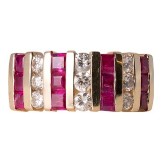 Vintage 14k Gold Ruby and Diamond Channel Set Wide Band Ring, Size 7.25 For Sale