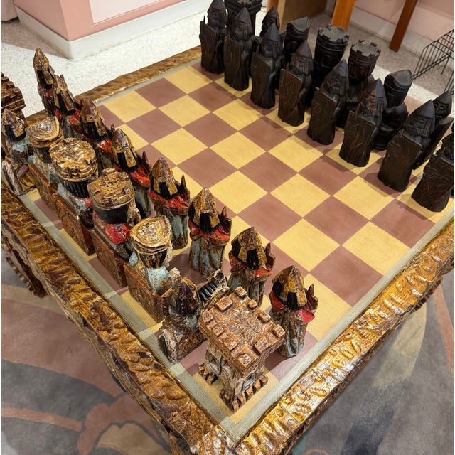 Vintage Mid-Century Carved Chess Board Coffee Table With Chess Pieces For Sale - Image 9 of 16