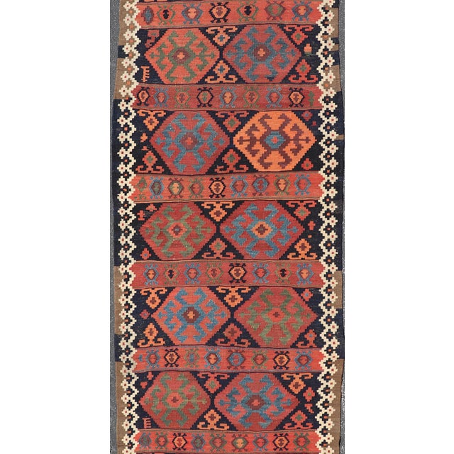 Tribal Antique Shahsevan Kilim Gallery Runner With Bold Colorful Geometric Tribal Motifs 4'3 X 14'5 For Sale - Image 3 of 13
