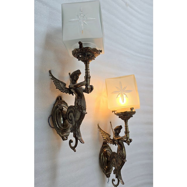 Pair Vintage Art Nouveau Deco light Old Lamp Mermaid Wall Sconces Fixture Brass & Star Glass Shade Light Lamp Excellent...