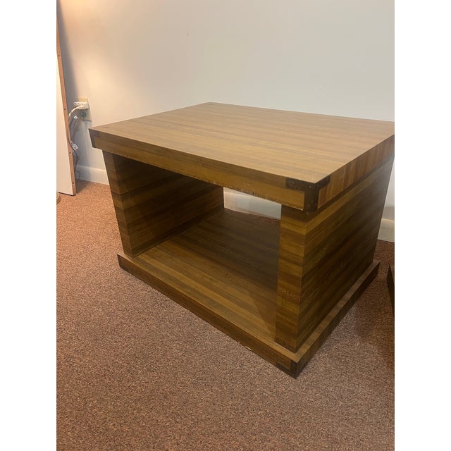 1970s Set of Two Postmodern Cube Side Tables With Brass Corner Brackets For Sale - Image 9 of 12