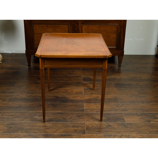 French 19th Century Walnut Side Table with Gilt Embossed Leather Top and Drawer For Sale - Image 11 of 12